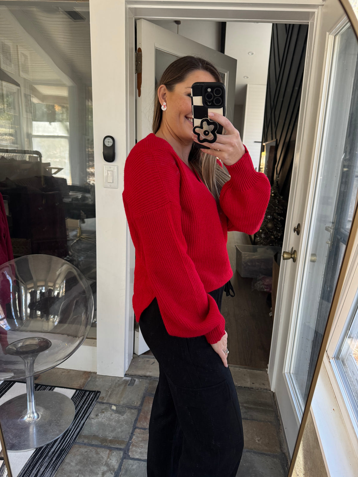 Double Down V-Neck Sweater in Red