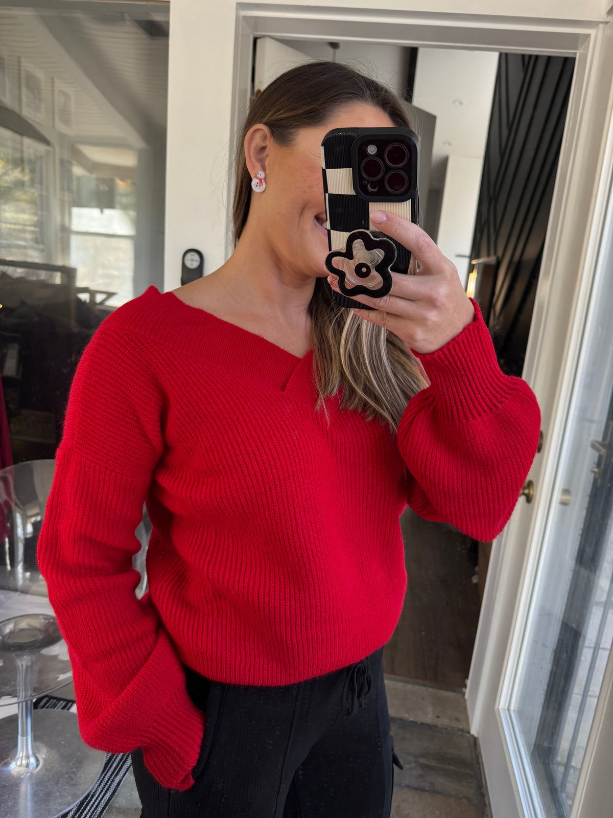 Double Down V-Neck Sweater in Red