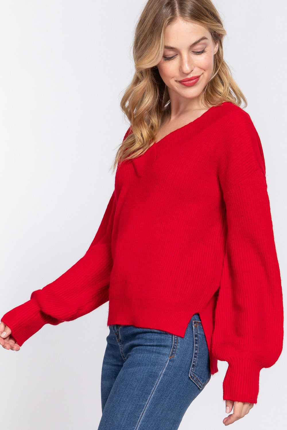 Double Down V-Neck Sweater in Red