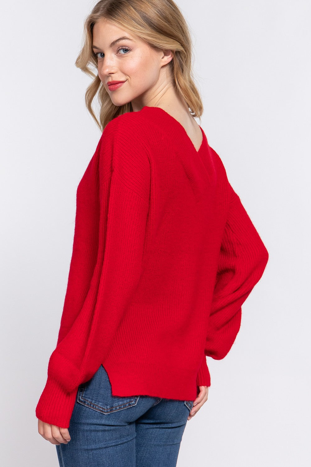 Double Down V-Neck Sweater in Red