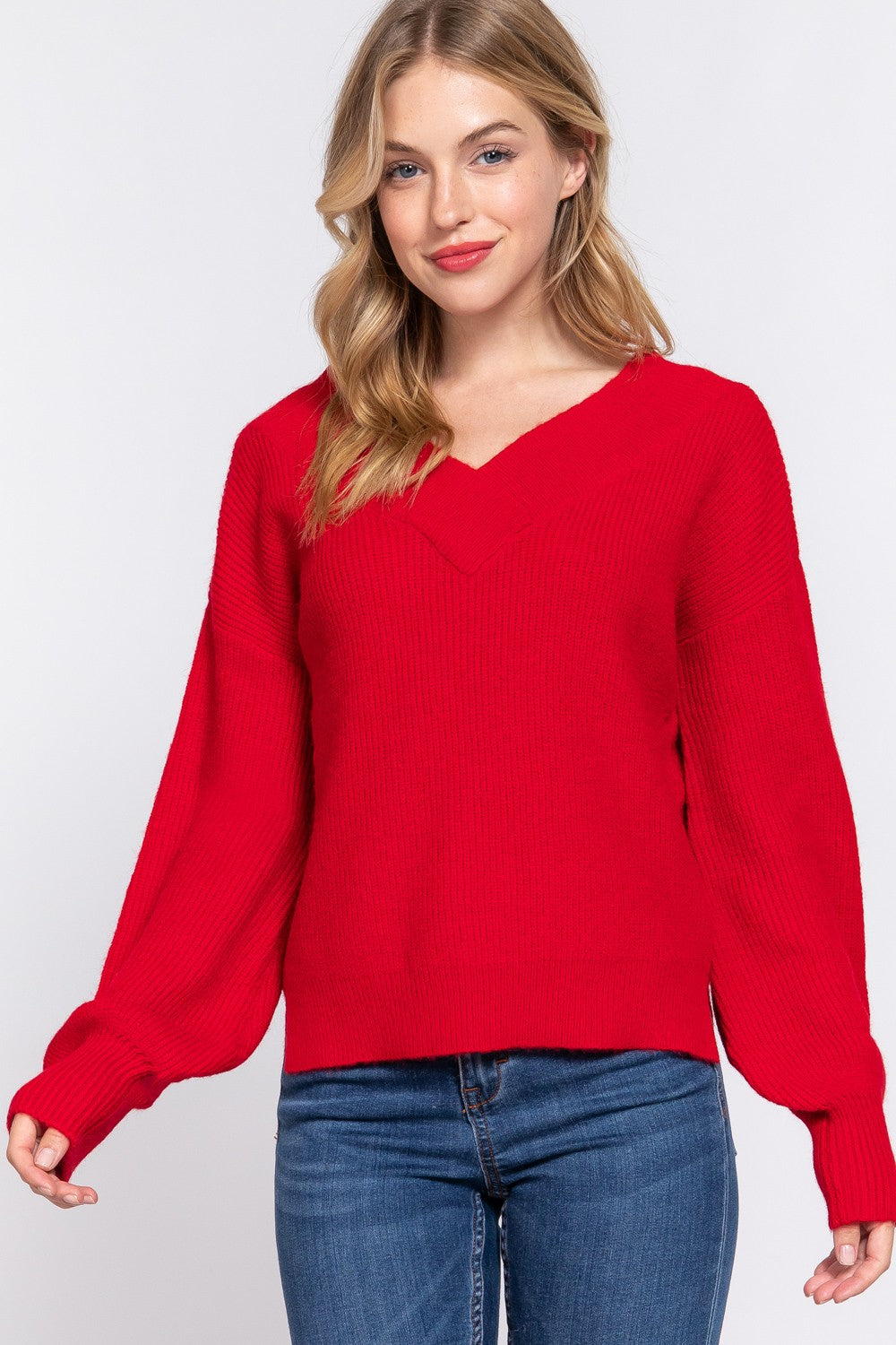 Double Down V-Neck Sweater in Red