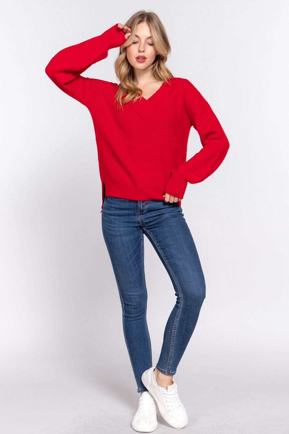 Double Down V-Neck Sweater in Red