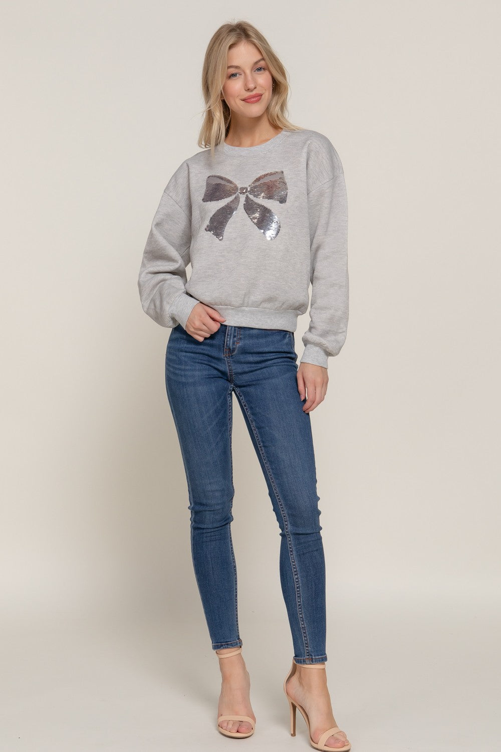 Bow Tied Sequin Sweater in Grey