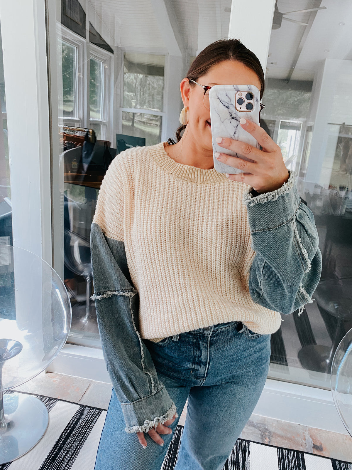 Contrast Denim Sleeve Sweater - Sophie