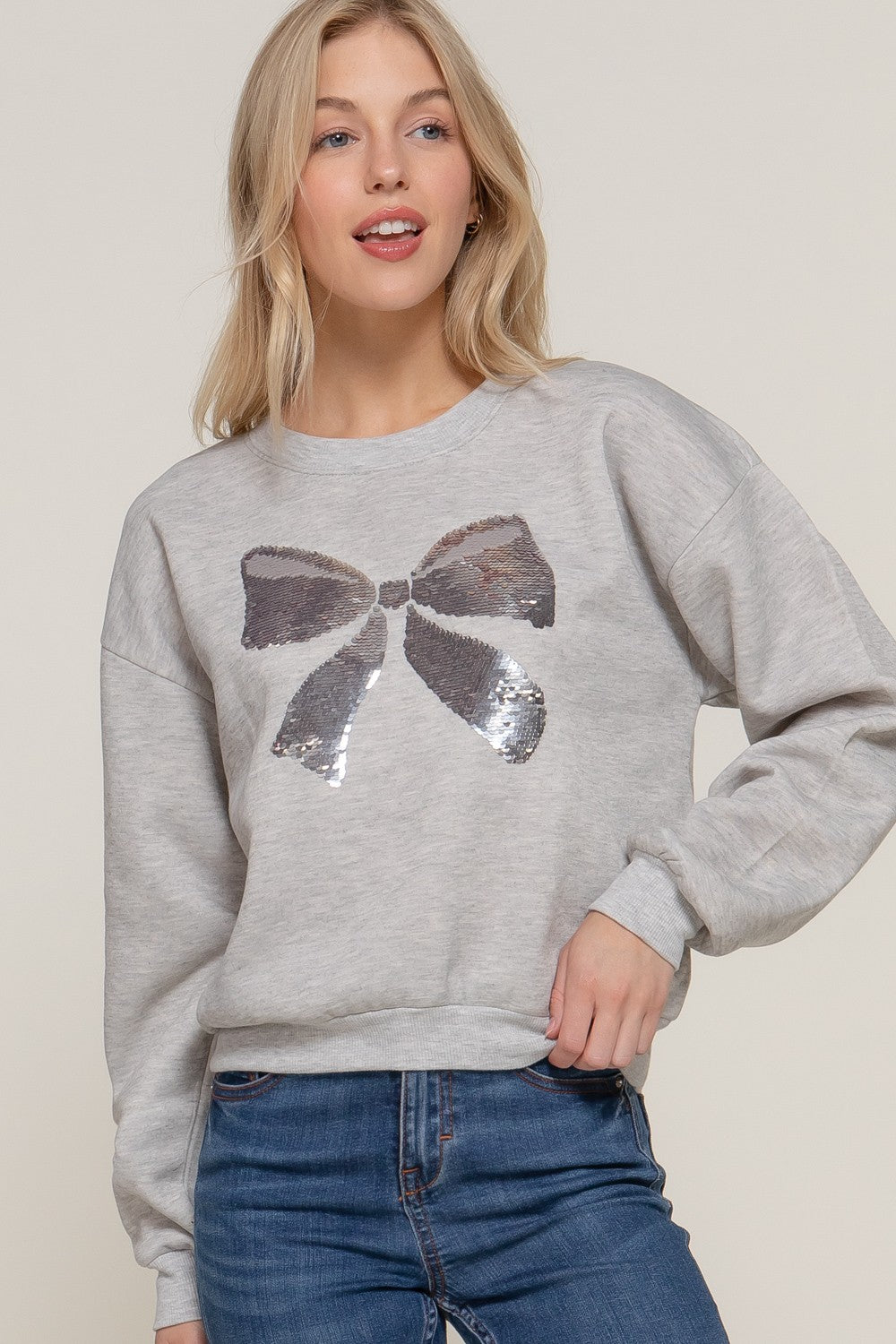 Bow Tied Sequin Sweater in Grey