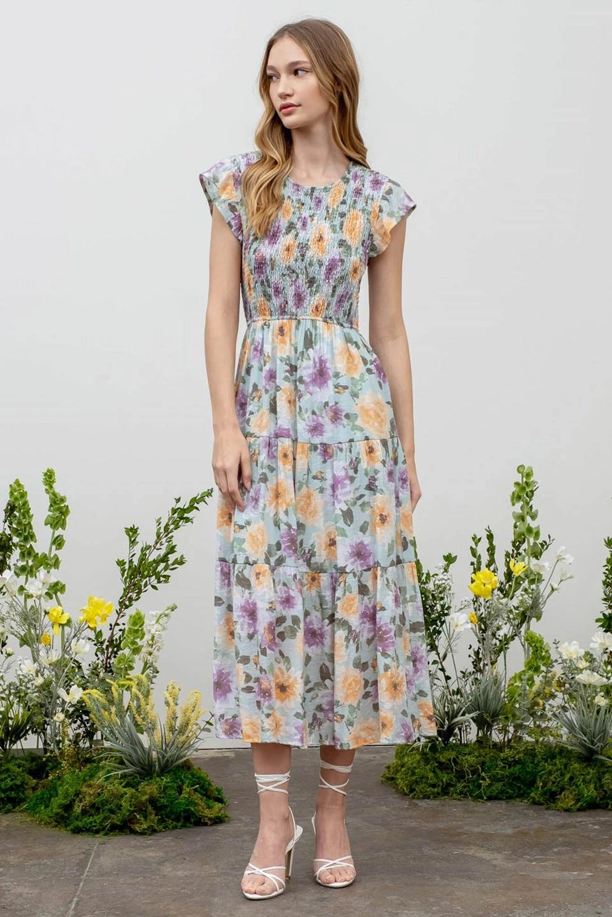 Floral Smocked Tiered Midi Dress - Sophie