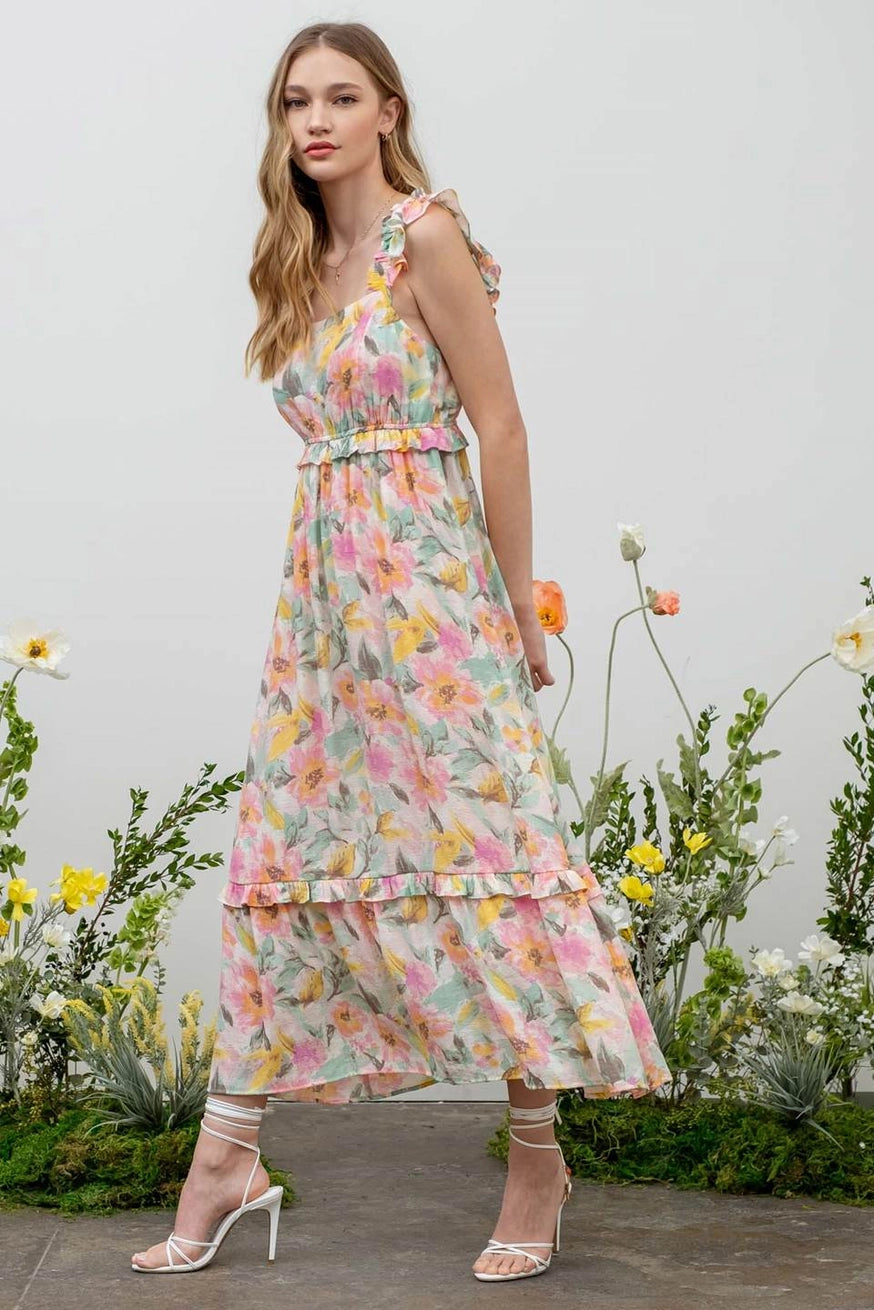 Watercolor Floral Ruffle Midi Dress - junglefunkrecordings