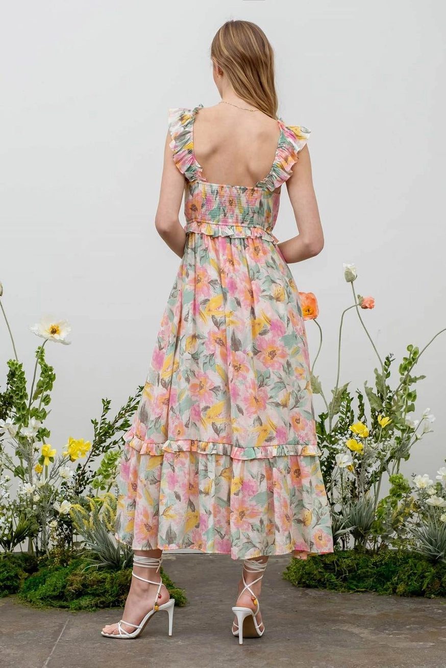 Watercolor Floral Ruffle Midi Dress - junglefunkrecordings