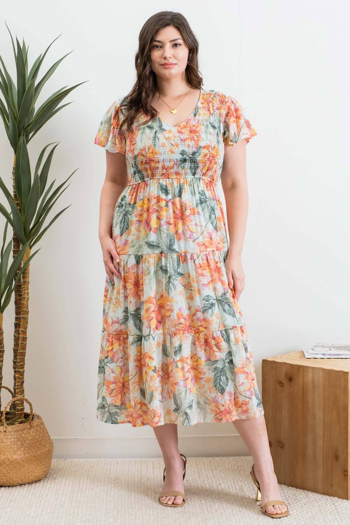 midi dress v neck Sail to Sable Blue & White Rose Printed Eyelet V-Neck Midi Dress WHITE/BLUE / M / SU25119