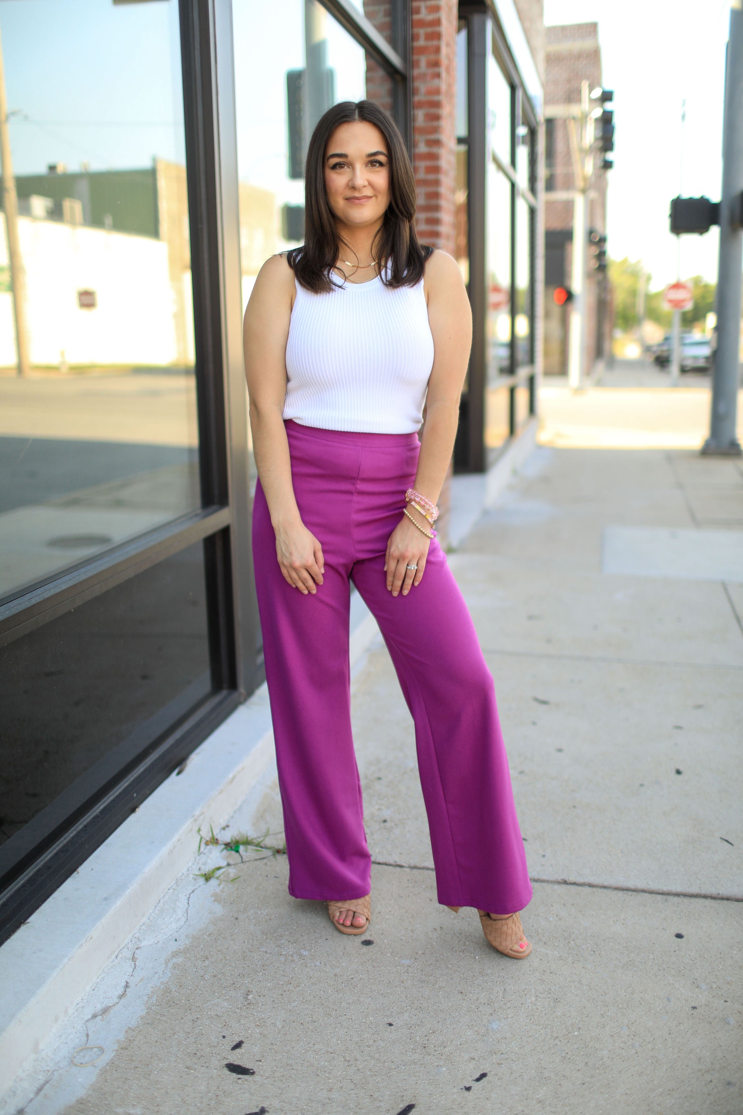 Express | Stylist Super High Waisted Pleated Wide Leg Pant in Purple |  Express Style Trial