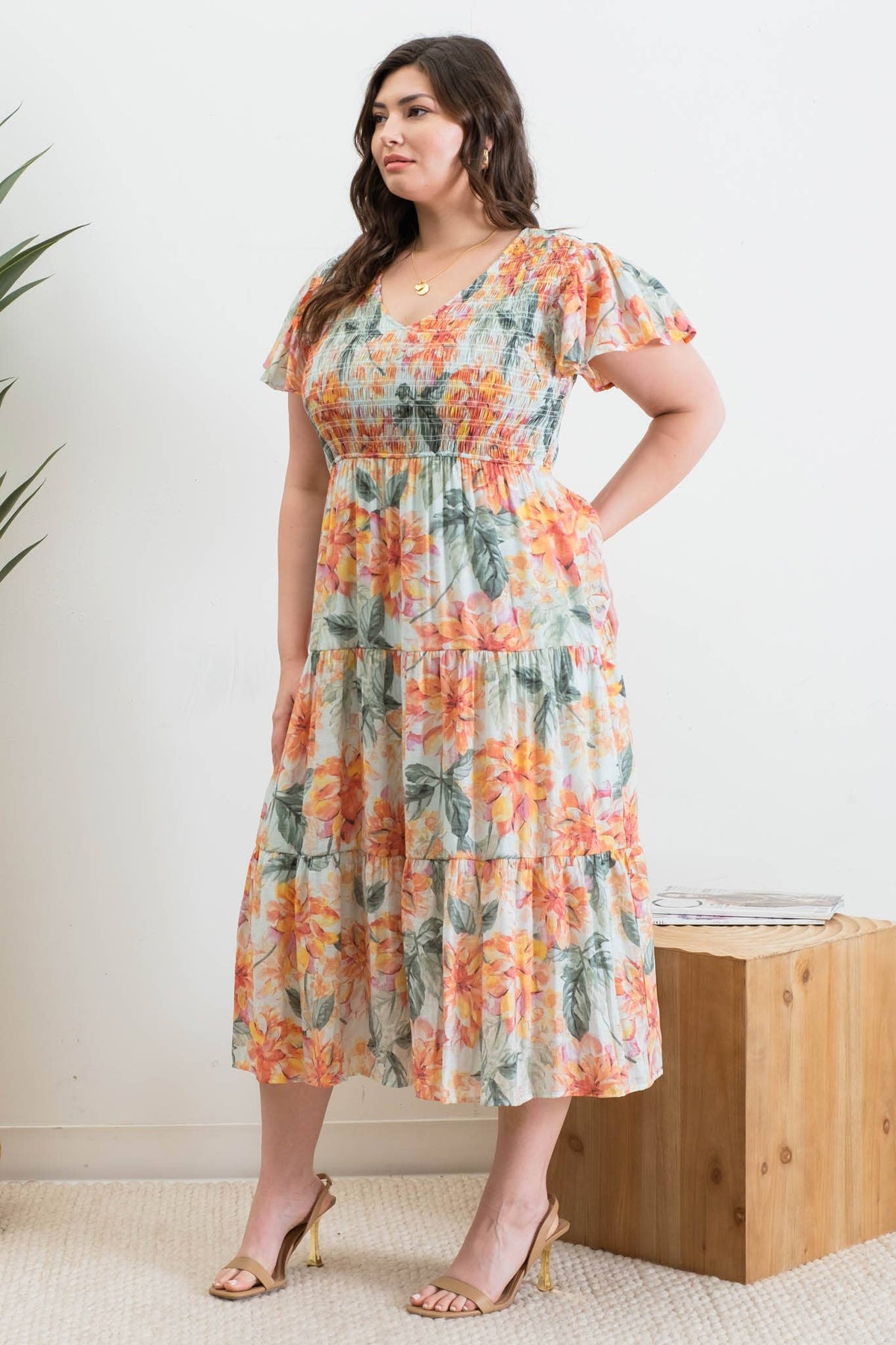 Plus Smocked V-Neck Floral Midi Dress at Sophie Boutique