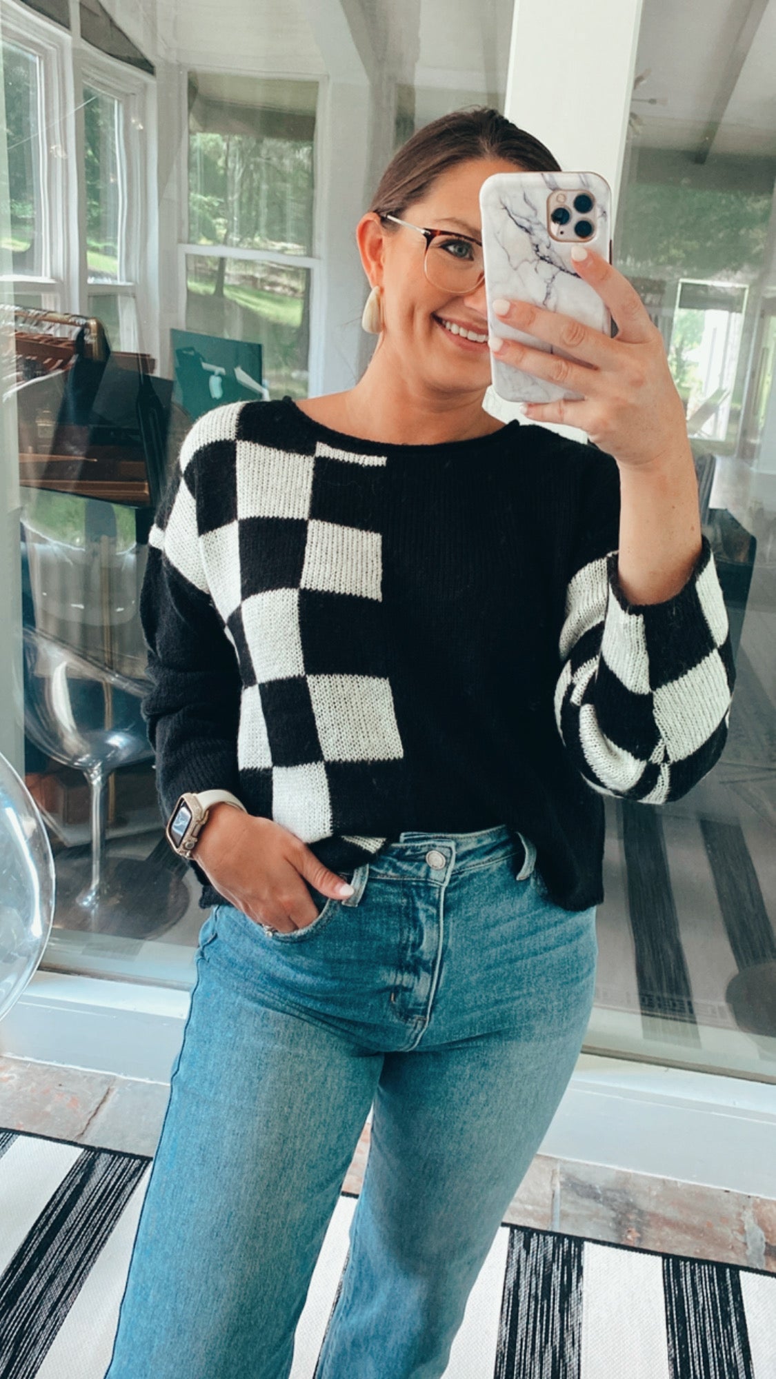 Colorblock Checkered Knit Sweater