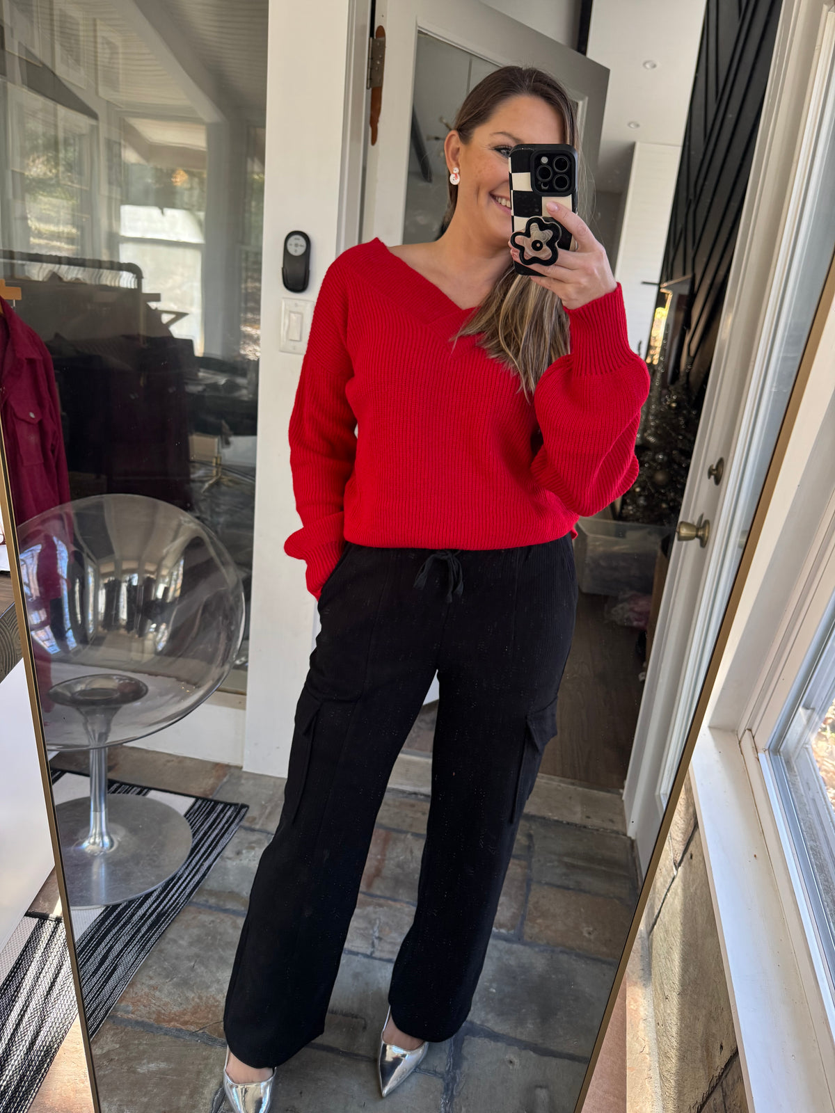 Double Down V-Neck Sweater in Red