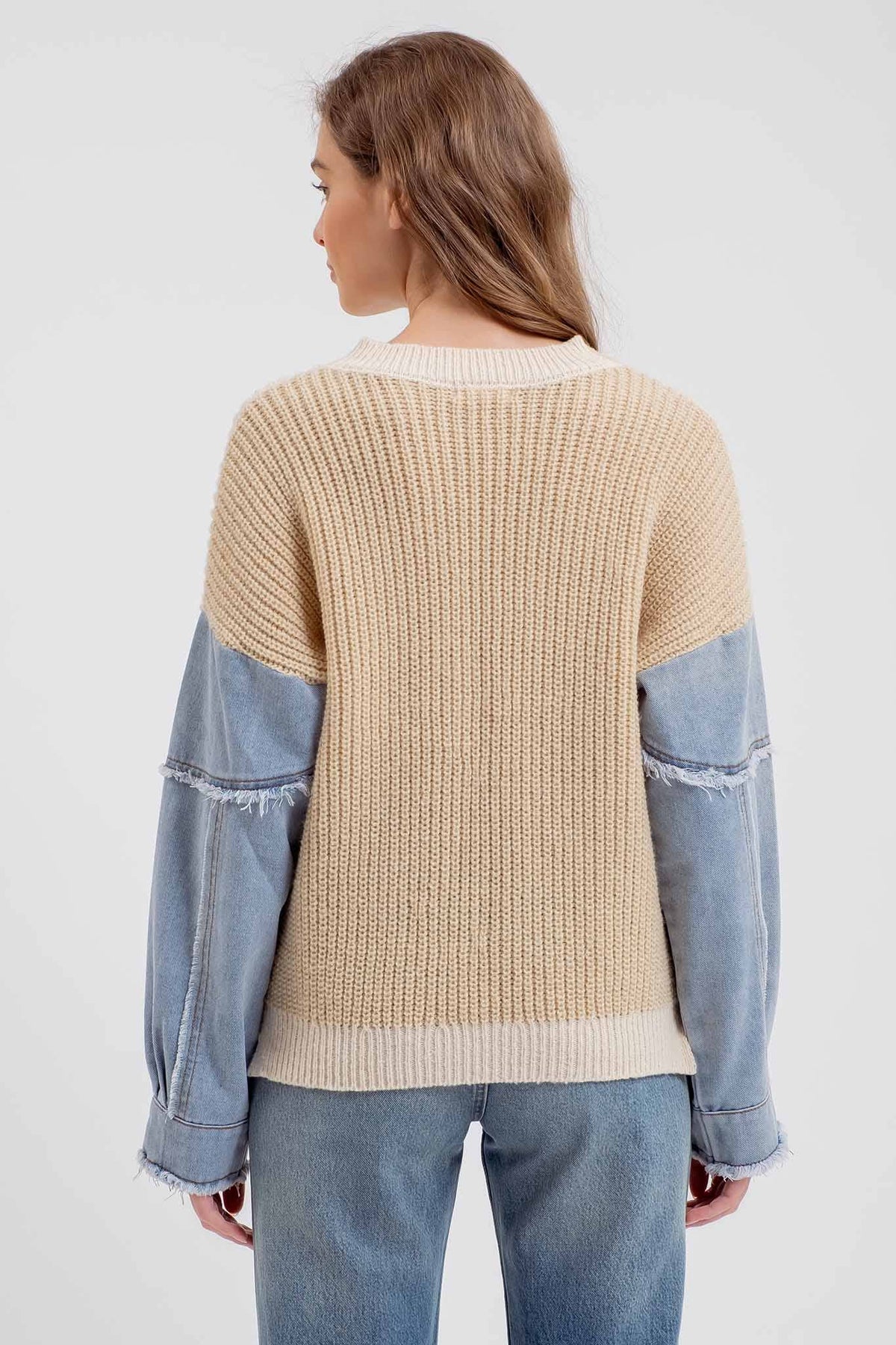 Contrast Denim Sleeve Sweater - Sophie