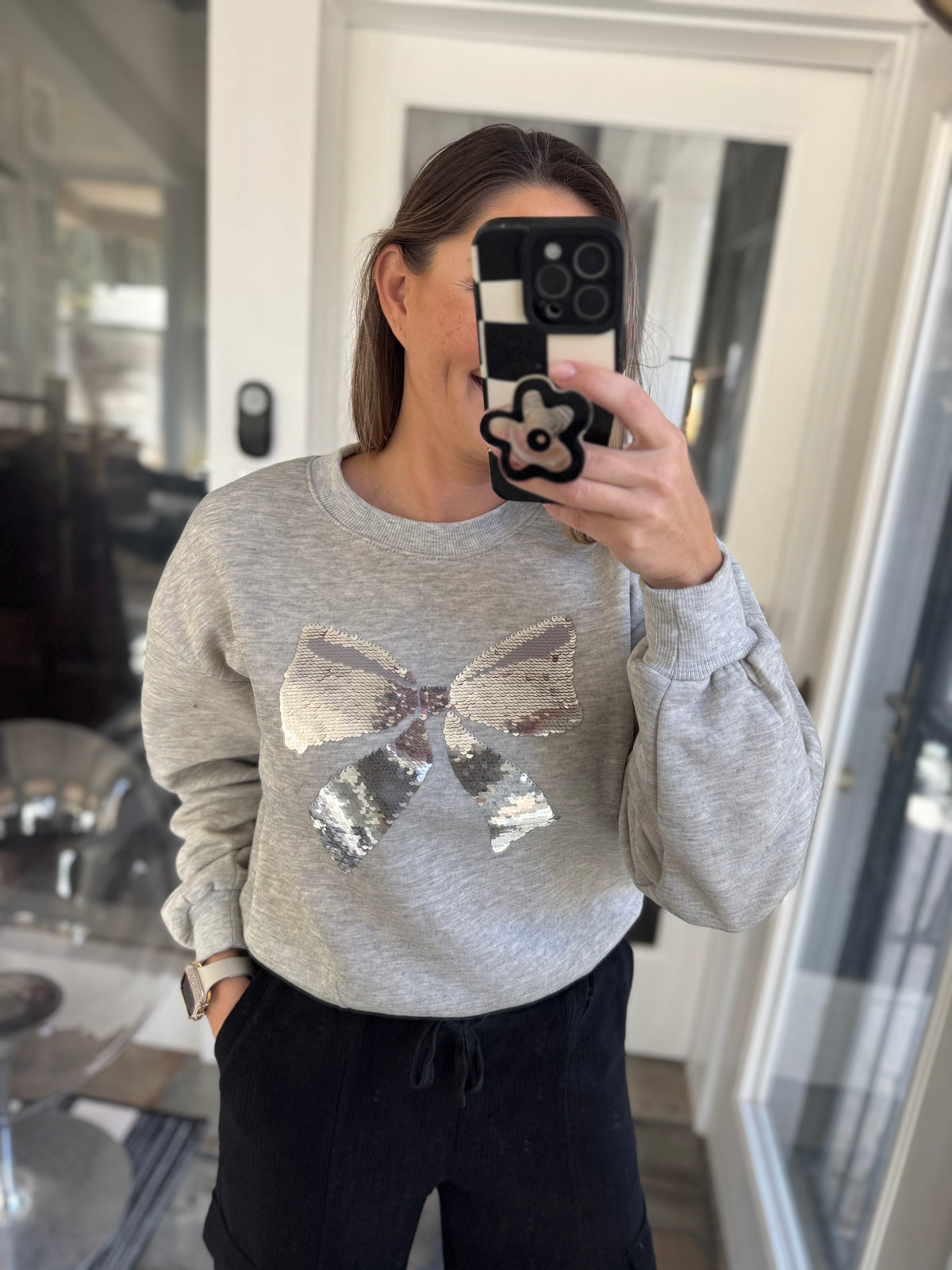 Bow Tied Sequin Sweater in Grey