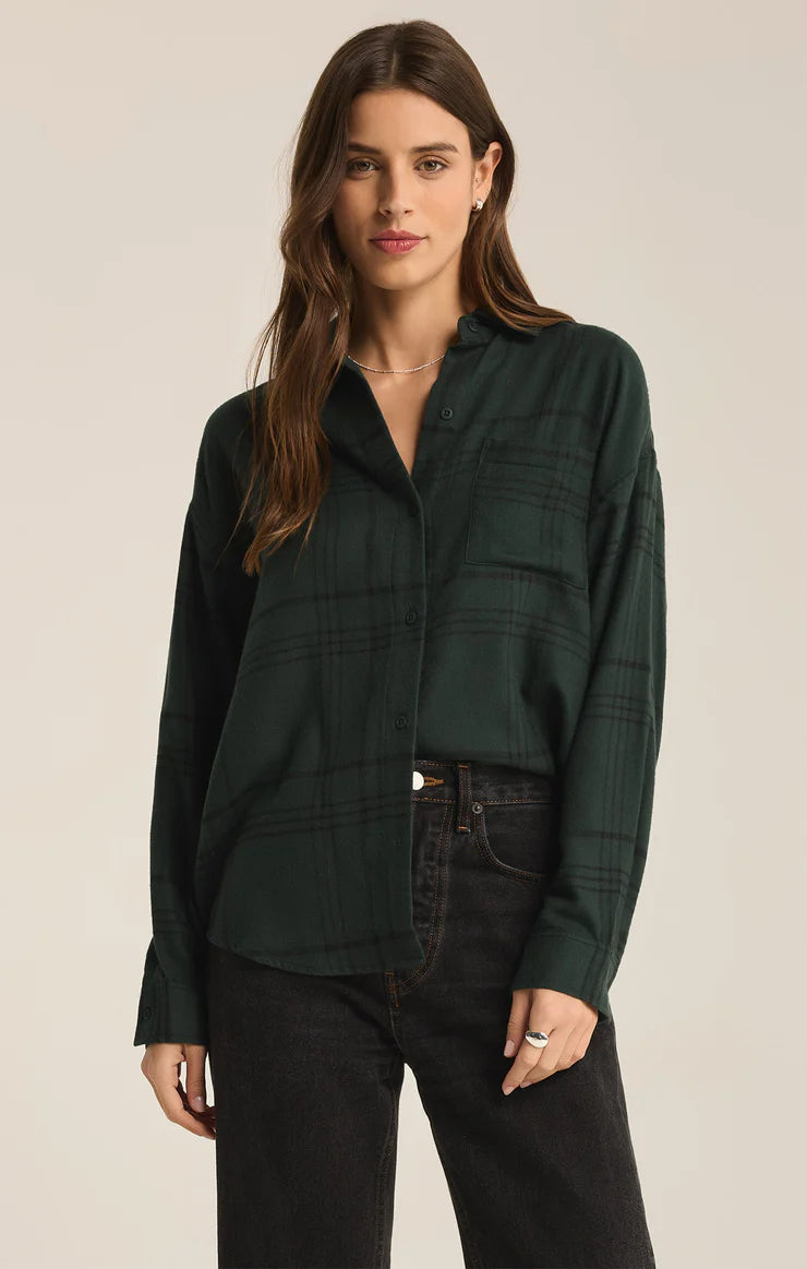 River Plaid Button Up in Cyprus Green