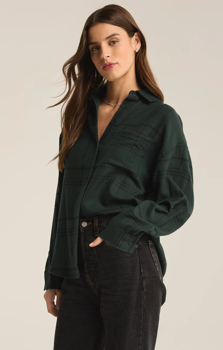 River Plaid Button Up in Cyprus Green