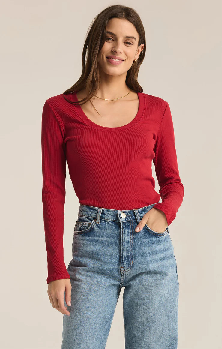 Sirena Rib Long Sleeve Tee in Haute Red