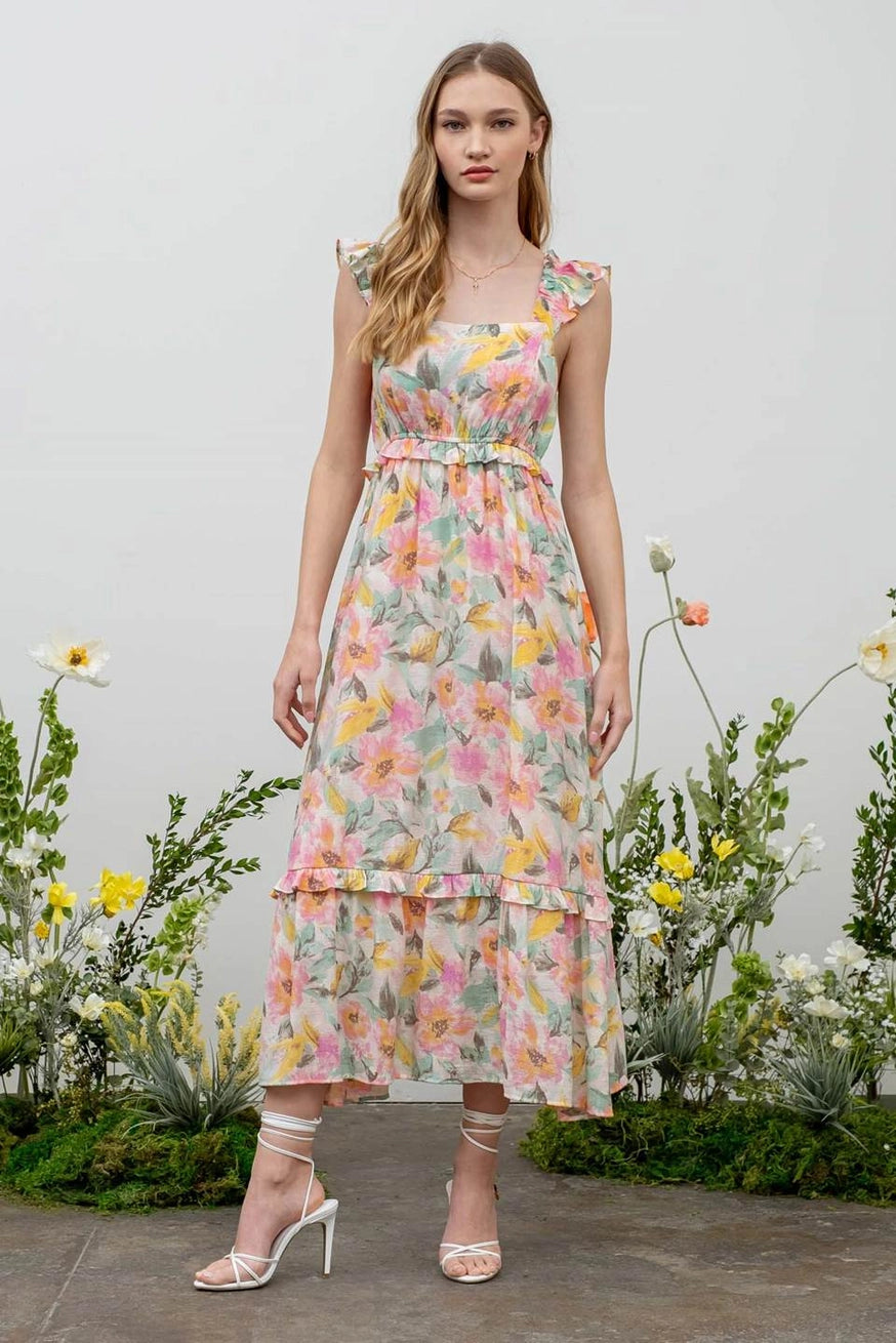 Watercolor Floral Ruffle Midi Dress