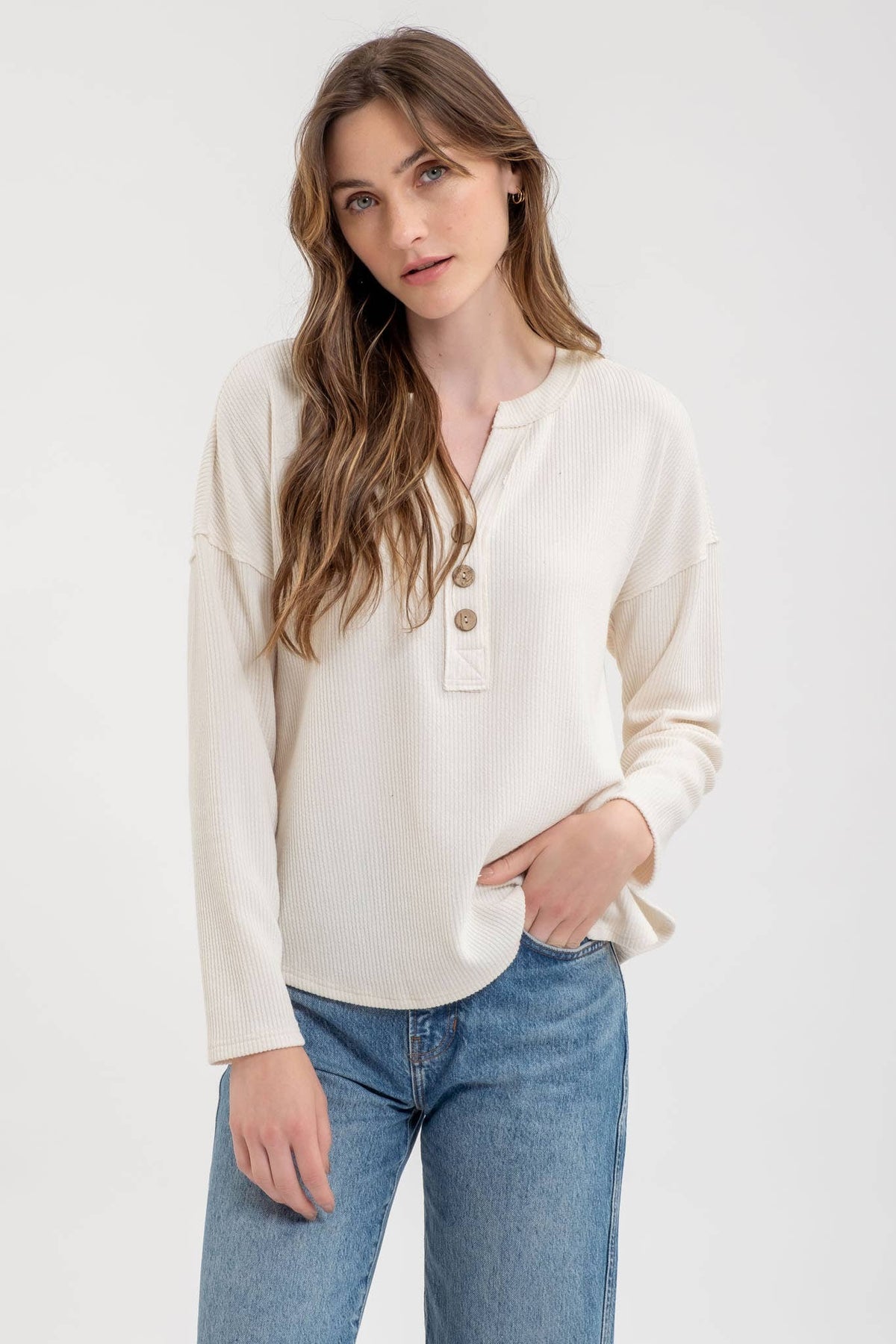 Henley Button Up Top in Cream - Sophie