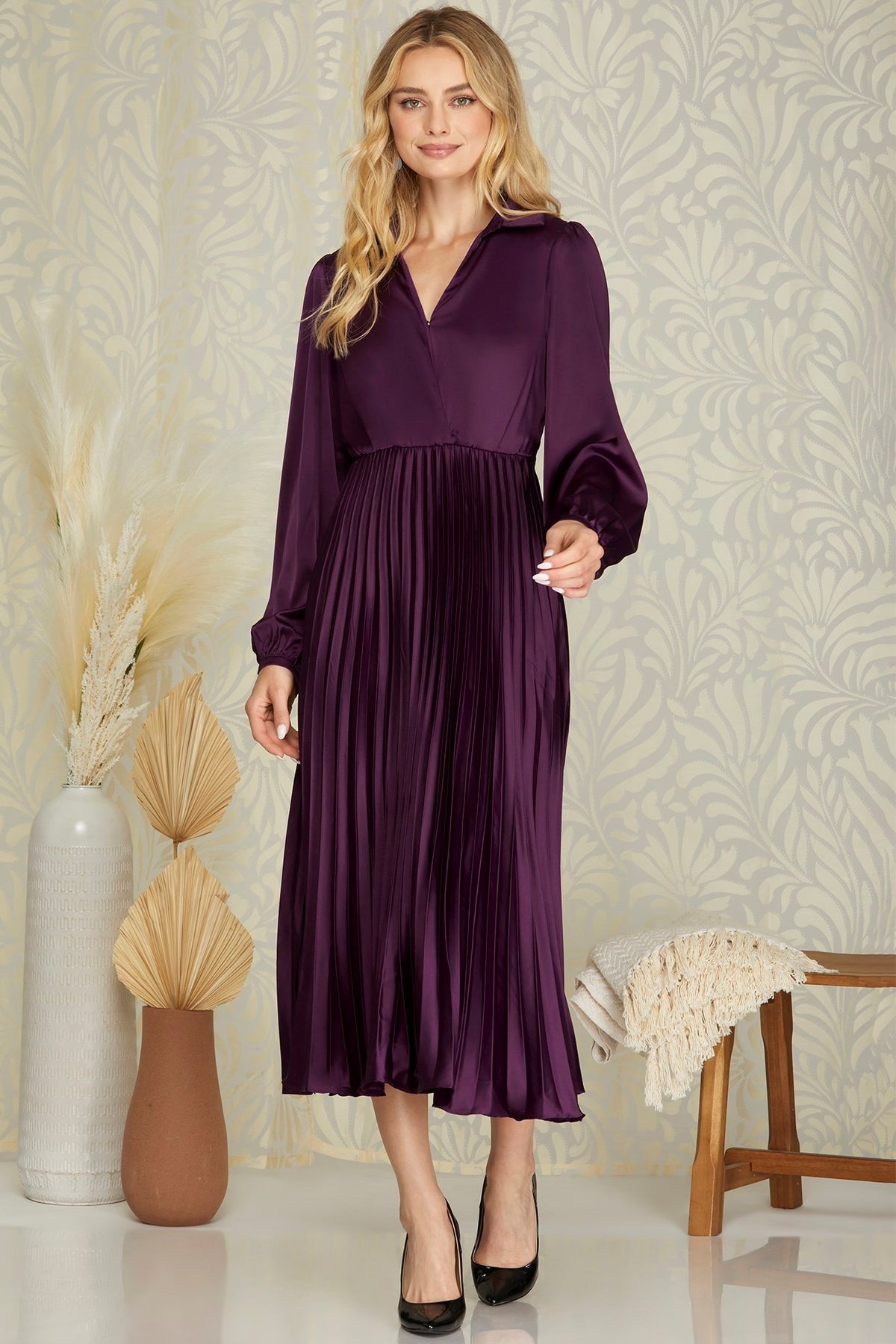 Plum Pleated Midi Dress - Sophie