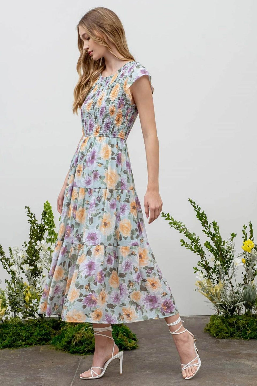 Floral Smocked Tiered Midi Dress - junglefunkrecordings